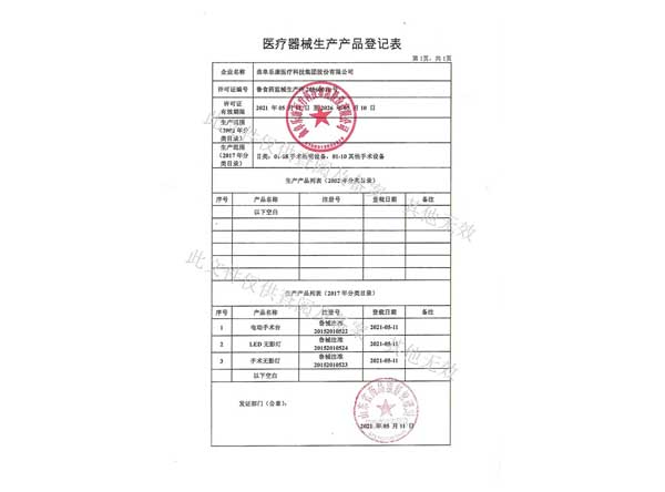 醫療器械生產產品登記表